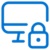Blue outline of a computer monitor with a padlock in front of it, symbolizing computer security or protected access.