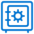 Blue line icon of a safe with a circular combination lock on the front, depicted on a light background.