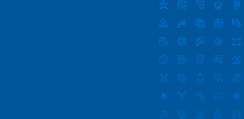 Blue background with a column of light blue technology-themed line icons on the right, including symbols for cloud, security, data, graphs, and connectivity. The left side is empty with ample space.