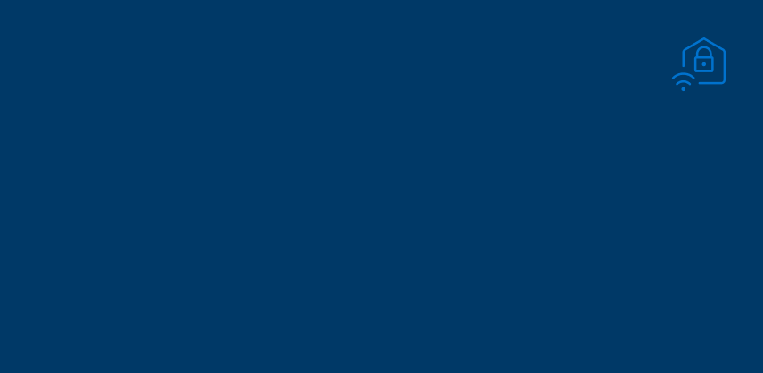 A small line-drawn icon of a house with a padlock and a Wi-Fi signal appears in the top right corner of a solid blue background.